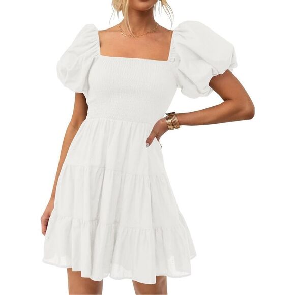ZESICA Dresses & Skirts - NEW Square Neck Puff Sleeve Off Shoulder Smocked Tiered Mini Dress S